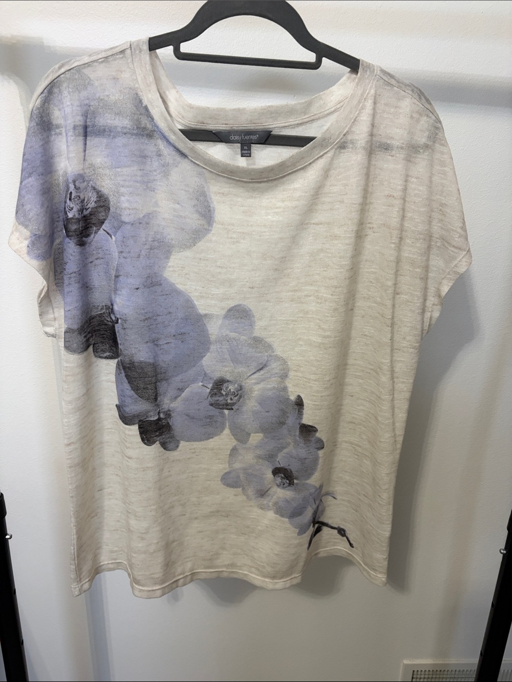 Daisy Fuentes Cream Tee with Lavender Floral Print - Short Sleeve